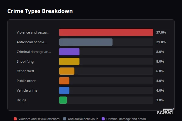 Crime Types Breakdown for Chatham - showing Violence and sexual offences (37%), Anti-social behaviour (21%), Criminal damage and arson (8%)