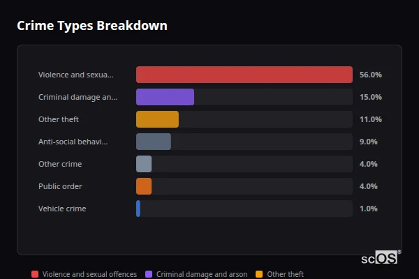 Crime Types Breakdown - Grain Crime Types Breakdown for Grain - showing Violence and sexual offences (56%), Criminal damage and arson (15%), Other theft (11%)