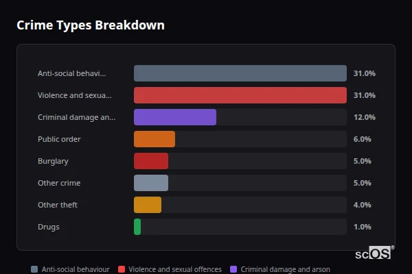 Crime Types Breakdown - Halling Crime Types Breakdown for Halling - showing Anti-social behaviour (31%), Violence and sexual offences (31%), Criminal damage and arson (12%)