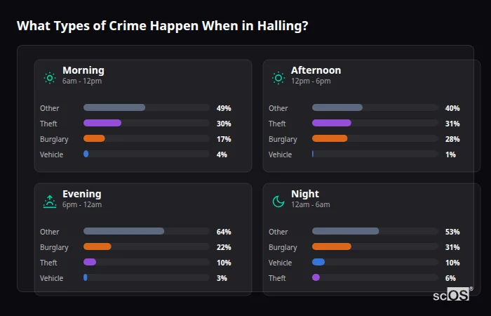 What Types of Crime Happen When in Halling? Crime types by time period for Halling - showing breakdown of burglary, violence, theft, and vehicle crime by morning, afternoon, evening, and night