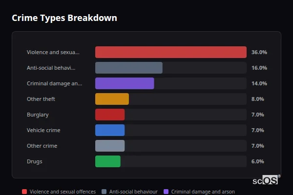 Crime Types Breakdown for High Halstow - showing Violence and sexual offences (36%), Anti-social behaviour (16%), Criminal damage and arson (14%)