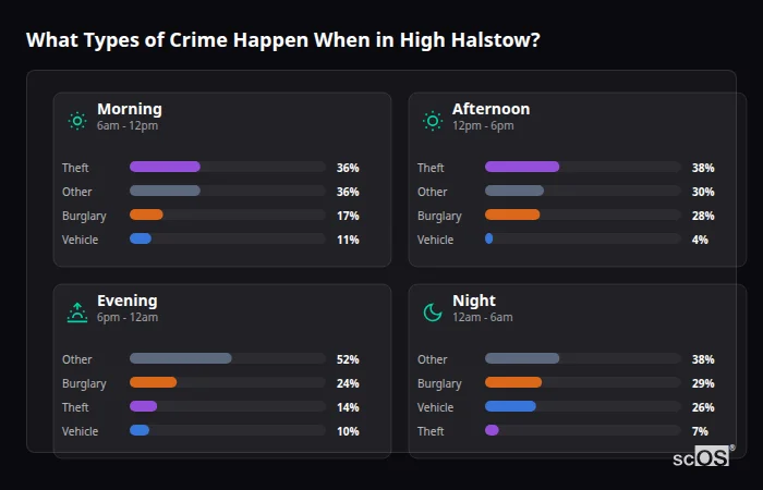 Crime types by time period for High Halstow - showing breakdown of burglary, violence, theft, and vehicle crime by morning, afternoon, evening, and night