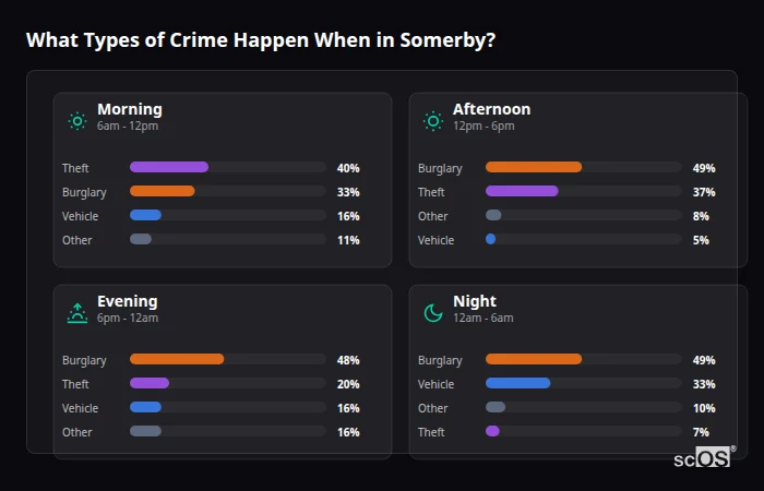 Crime types by time period for Somerby - showing breakdown of burglary, violence, theft, and vehicle crime by morning, afternoon, evening, and night