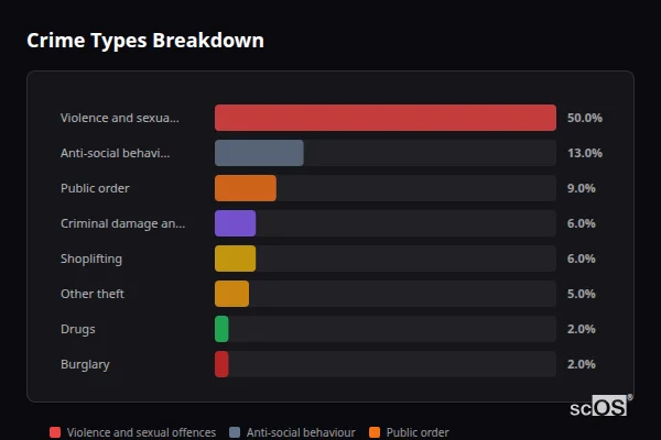 Crime Types Breakdown - Shepton Mallet Crime Types Breakdown for Shepton Mallet - showing Violence and sexual offences (50%), Anti-social behaviour (13%), Public order (9%)