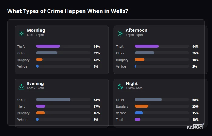 What Types of Crime Happen When in Wells? Crime types by time period for Wells - showing breakdown of burglary, violence, theft, and vehicle crime by morning, afternoon, evening, and night