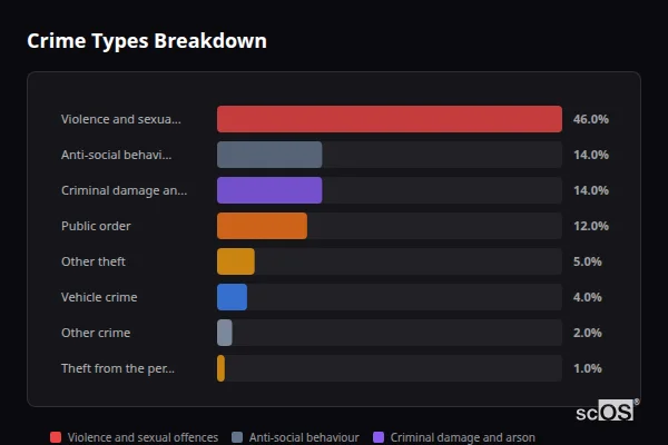 Crime Types Breakdown for Bedlinog - showing Violence and sexual offences (46%), Anti-social behaviour (14%), Criminal damage and arson (14%)