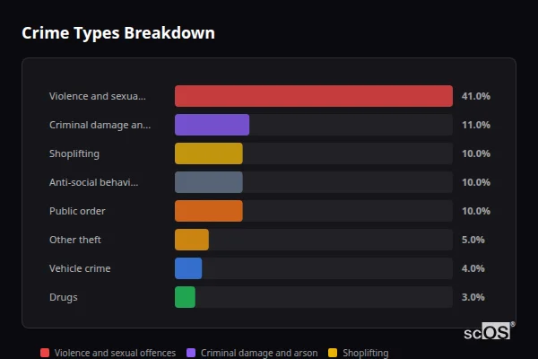 Crime Types Breakdown for Troedyrhiw and Pentrebach - showing Violence and sexual offences (41%), Criminal damage and arson (11%), Shoplifting (10%)