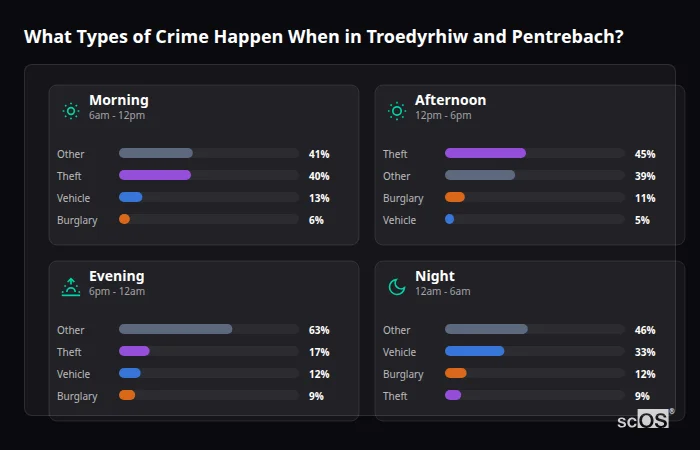 Crime types by time period for Troedyrhiw and Pentrebach - showing breakdown of burglary, violence, theft, and vehicle crime by morning, afternoon, evening, and night