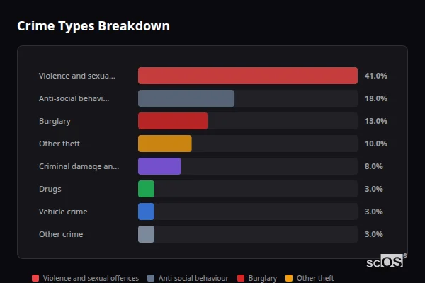 Crime Types Breakdown for Bow - showing Violence and sexual offences (41%), Anti-social behaviour (18%), Burglary (13%)