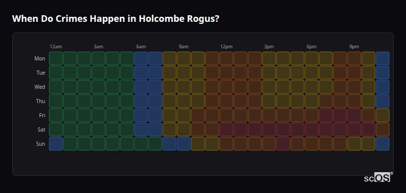 Crime time heatmap for Holcombe Rogus - showing when crimes are most likely to occur by day and hour