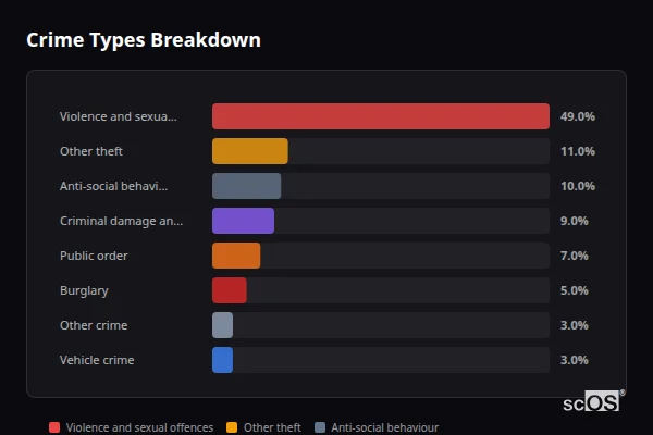 Crime Types Breakdown for Rural Mid Devon - showing Violence and sexual offences (49%), Other theft (11%), Anti-social behaviour (10%)