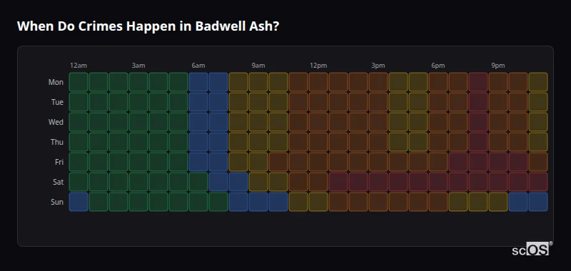 Crime time heatmap for Badwell Ash - showing when crimes are most likely to occur by day and hour