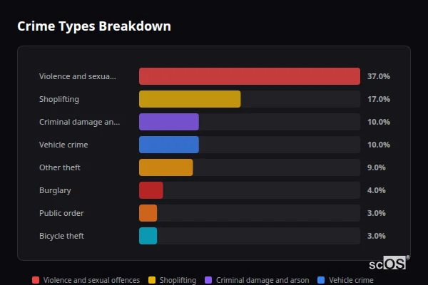 Crime Types Breakdown for Great Blakenham - showing Violence and sexual offences (37%), Shoplifting (17%), Criminal damage and arson (10%)