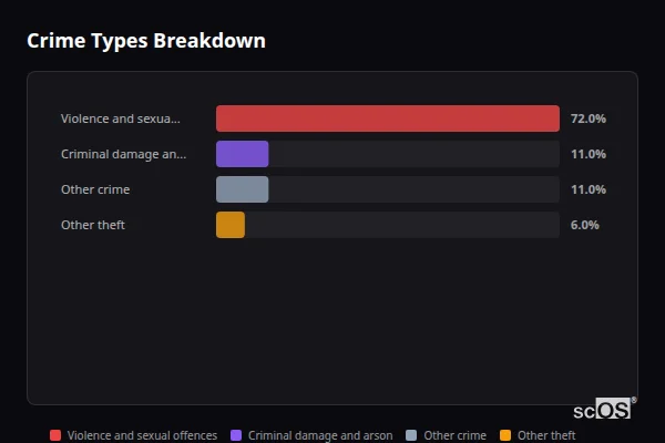 Crime Types Breakdown for Great Bricett - showing Violence and sexual offences (72%), Criminal damage and arson (11%), Other crime (11%)