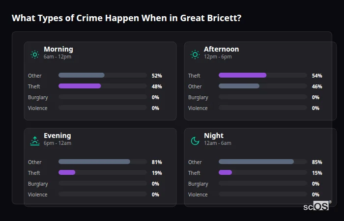 Crime types by time period for Great Bricett - showing breakdown of burglary, violence, theft, and vehicle crime by morning, afternoon, evening, and night