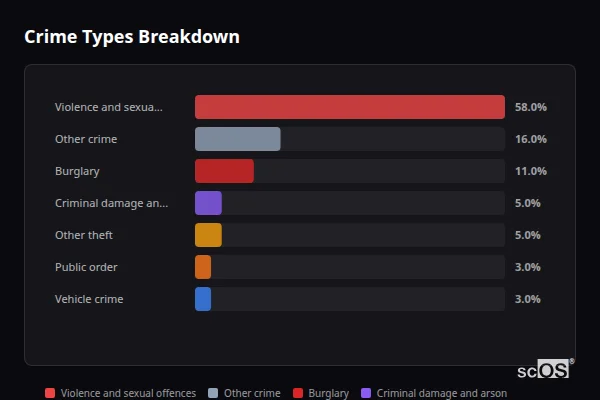 Crime Types Breakdown for Wortham - showing Violence and sexual offences (58%), Other crime (16%), Burglary (11%)
