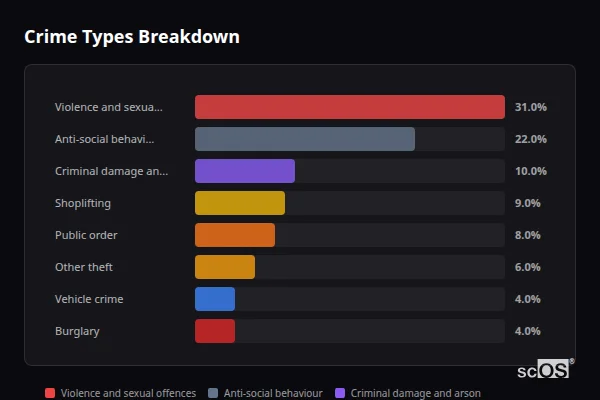 Crime Types Breakdown - Burgess Hill Crime Types Breakdown for Burgess Hill - showing Violence and sexual offences (31%), Anti-social behaviour (22%), Criminal damage and arson (10%)