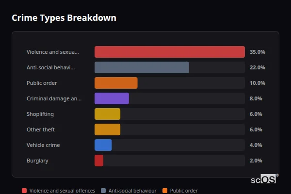 Crime Types Breakdown - Haywards Heath Crime Types Breakdown for Haywards Heath - showing Violence and sexual offences (35%), Anti-social behaviour (22%), Public order (10%)