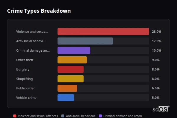 Crime Types Breakdown for Rural Mid Sussex - showing Violence and sexual offences (28%), Anti-social behaviour (17%), Criminal damage and arson (10%)