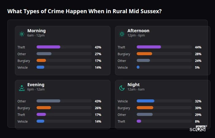Crime types by time period for Rural Mid Sussex - showing breakdown of burglary, violence, theft, and vehicle crime by morning, afternoon, evening, and night