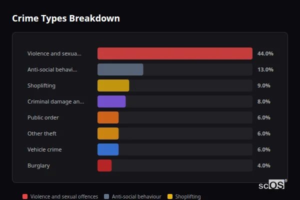 Crime Types Breakdown for Newport Pagnell - showing Violence and sexual offences (44%), Anti-social behaviour (13%), Shoplifting (9%)
