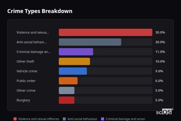 Crime Types Breakdown for Brockham - showing Violence and sexual offences (30%), Anti-social behaviour (20%), Criminal damage and arson (11%)