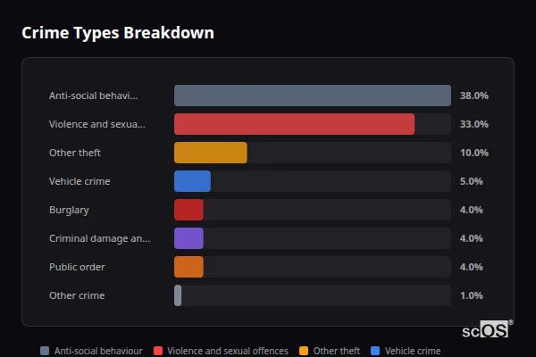 Crime Types Breakdown for Capel - showing Anti-social behaviour (38%), Violence and sexual offences (33%), Other theft (10%)