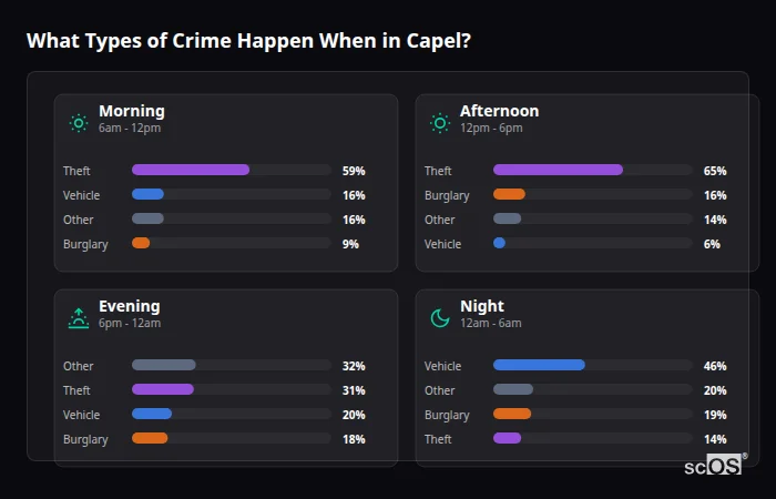 Crime types by time period for Capel - showing breakdown of burglary, violence, theft, and vehicle crime by morning, afternoon, evening, and night