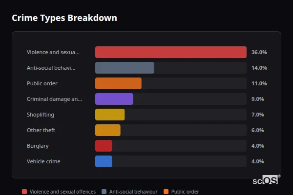Crime Types Breakdown for Dorking - showing Violence and sexual offences (36%), Anti-social behaviour (14%), Public order (11%)
