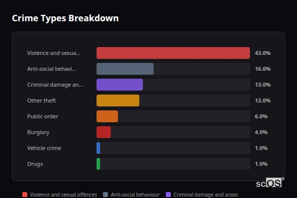 Crime Types Breakdown for Caer-went - showing Violence and sexual offences (43%), Anti-social behaviour (16%), Criminal damage and arson (13%)