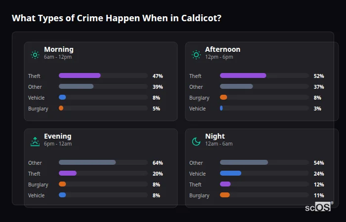 Crime types by time period for Caldicot - showing breakdown of burglary, violence, theft, and vehicle crime by morning, afternoon, evening, and night