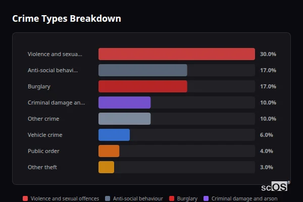Crime Types Breakdown for Llanfoist - showing Violence and sexual offences (30%), Anti-social behaviour (17%), Burglary (17%)