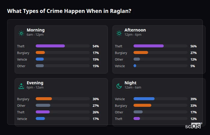 Crime types by time period for Raglan - showing breakdown of burglary, violence, theft, and vehicle crime by morning, afternoon, evening, and night
