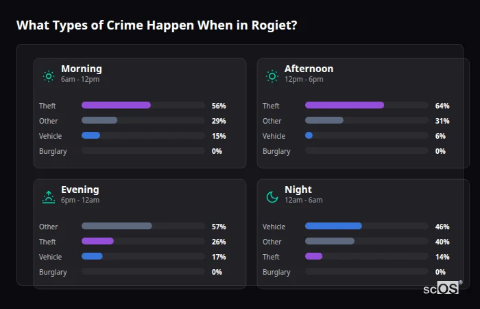 Crime types by time period for Rogiet - showing breakdown of burglary, violence, theft, and vehicle crime by morning, afternoon, evening, and night