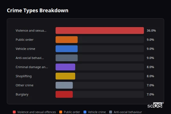 Crime Types Breakdown for Usk - showing Violence and sexual offences (36%), Public order (9%), Vehicle crime (9%)