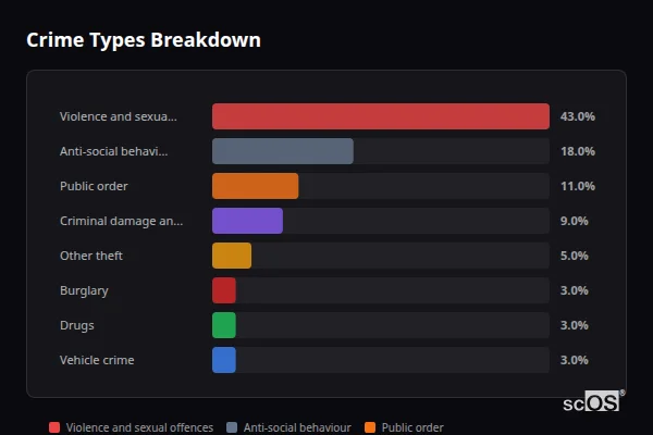 Crime Types Breakdown for Baglan - showing Violence and sexual offences (43%), Anti-social behaviour (18%), Public order (11%)