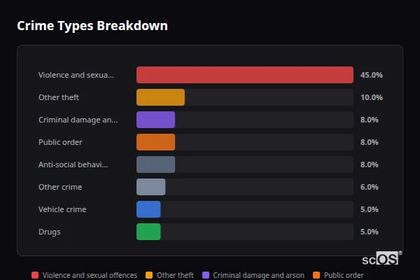 Crime Types Breakdown - Coedhirwaun Crime Types Breakdown for Coedhirwaun - showing Violence and sexual offences (45%), Other theft (10%), Criminal damage and arson (8%)