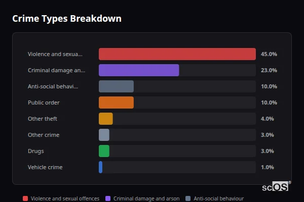 Crime Types Breakdown - Dyffryn Cellwen Crime Types Breakdown for Dyffryn Cellwen - showing Violence and sexual offences (45%), Criminal damage and arson (23%), Anti-social behaviour (10%)