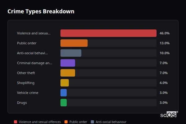 Crime Types Breakdown for Pontardawe - showing Violence and sexual offences (46%), Public order (13%), Anti-social behaviour (10%)