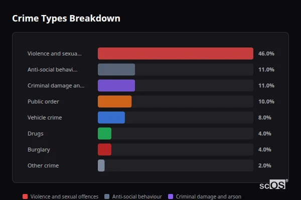 Crime Types Breakdown for Resolven - showing Violence and sexual offences (46%), Anti-social behaviour (11%), Criminal damage and arson (11%)