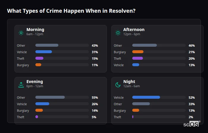 Crime types by time period for Resolven - showing breakdown of burglary, violence, theft, and vehicle crime by morning, afternoon, evening, and night