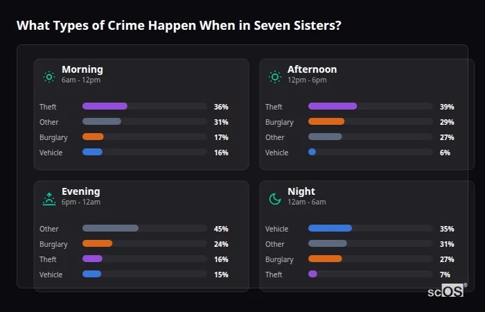 Crime types by time period for Seven Sisters - showing breakdown of burglary, violence, theft, and vehicle crime by morning, afternoon, evening, and night
