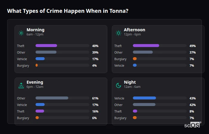 Crime types by time period for Tonna - showing breakdown of burglary, violence, theft, and vehicle crime by morning, afternoon, evening, and night