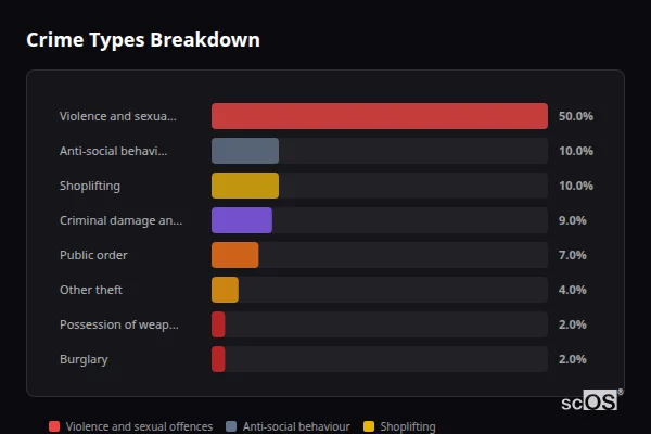 Crime Types Breakdown for Blackfield and Langley - showing Violence and sexual offences (50%), Anti-social behaviour (10%), Shoplifting (10%)