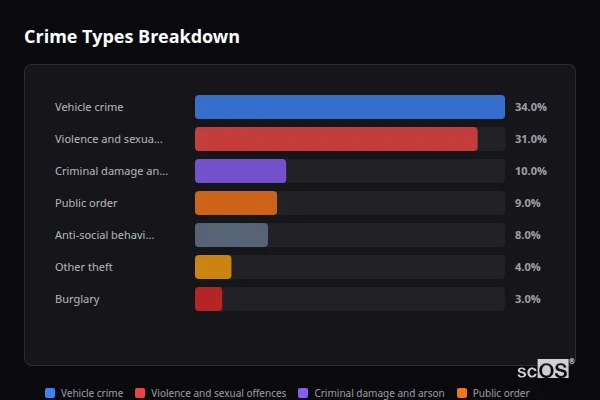 Crime Types Breakdown - Burley Crime Types Breakdown for Burley - showing Vehicle crime (34%), Violence and sexual offences (31%), Criminal damage and arson (10%)