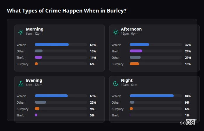 What Types of Crime Happen When in Burley? Crime types by time period for Burley - showing breakdown of burglary, violence, theft, and vehicle crime by morning, afternoon, evening, and night