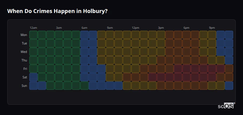 Crime time heatmap for Holbury - showing when crimes are most likely to occur by day and hour