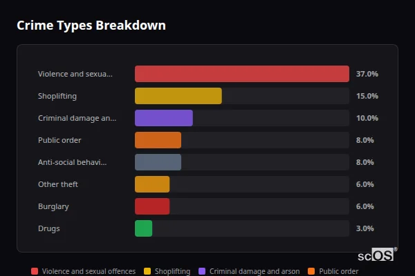Crime Types Breakdown for New Milton - showing Violence and sexual offences (37%), Shoplifting (15%), Criminal damage and arson (10%)