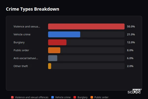 Crime Types Breakdown for Sandleheath - showing Violence and sexual offences (50%), Vehicle crime (21%), Burglary (12%)