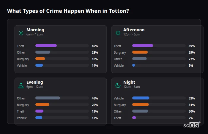 Crime types by time period for Totton - showing breakdown of burglary, violence, theft, and vehicle crime by morning, afternoon, evening, and night